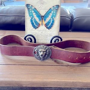 Vintage 1970s original leather brown belt with solid brass lion buckle